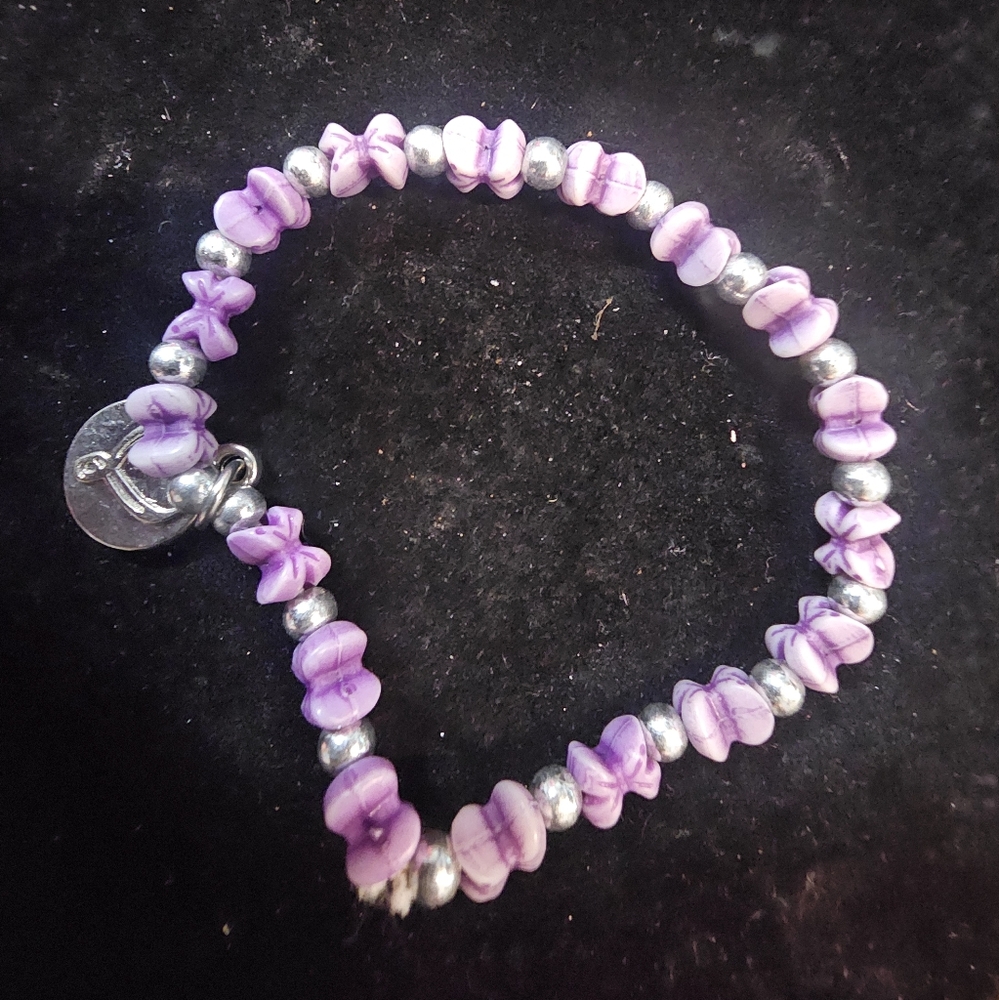 Viacom 2018 Heart Charm Purple Stones Silver Tone Beads Stretch Bracelet